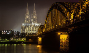 The Cologne Cathedral showcased at night time in Germany. Photo by Jason Mrachina, flickr